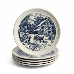 Collectible Plates7.5" Winter Village Scene Blue and White Horses Snow Outdoors